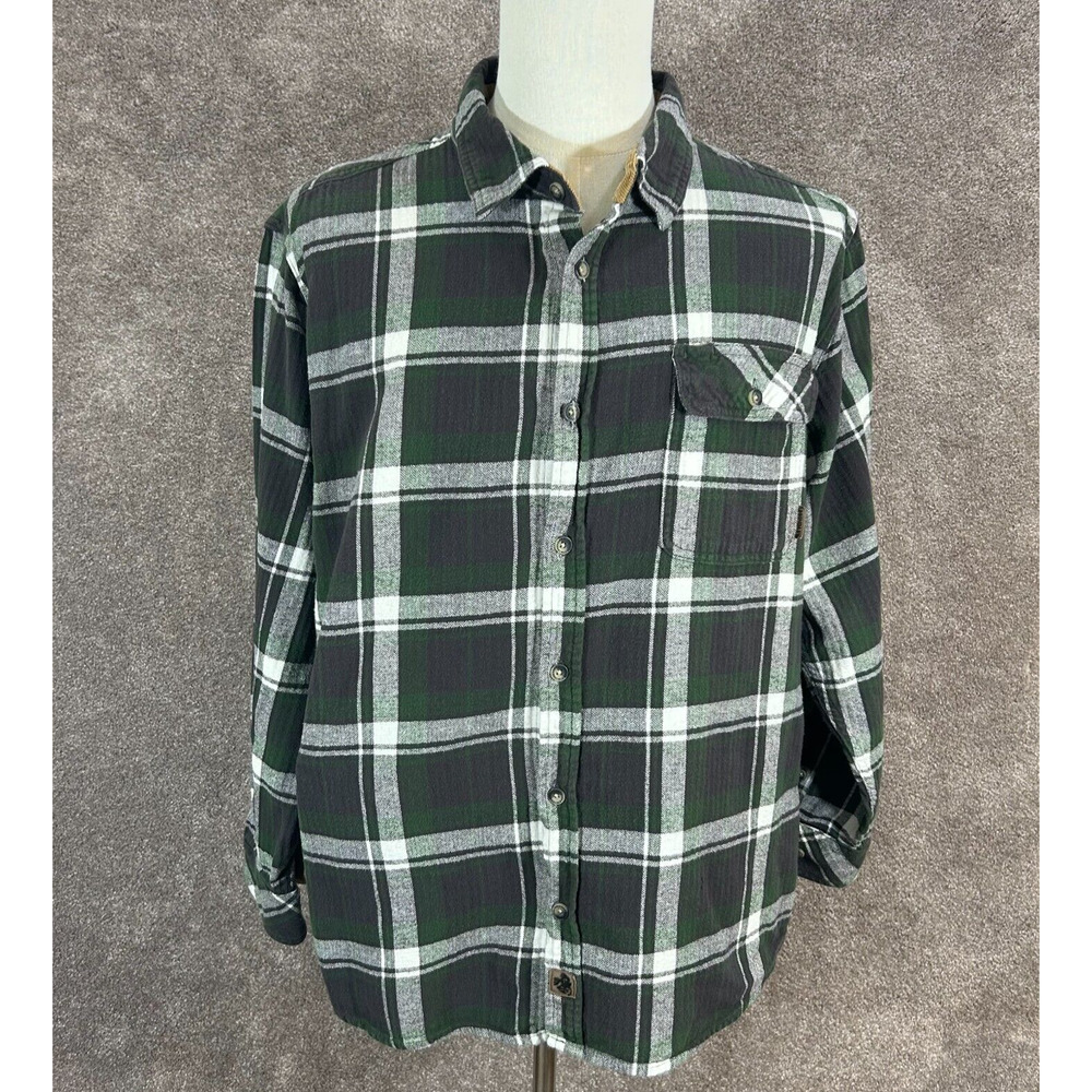Legendary Whitetails Shirt Mens XL Green Gray Plaid Flannel Buck‎ Camp Button Up